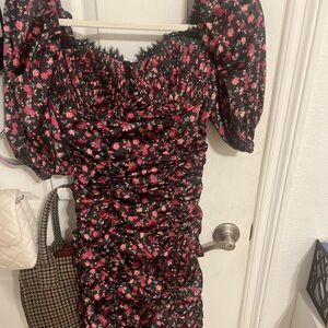 For Love And Lemons Black and Pink Floral Long Sleeve Dress